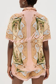Royalty Unique Print Button Up Short Sleeve Shirt and Elastic Waist Pocketed Loose Shorts Set