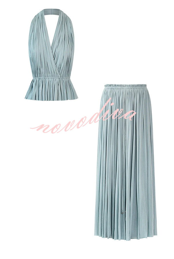 Pure Lightness Chiffon Pleated Halter Backless Top and Elastic Waist A-line Maxi Skirt Set