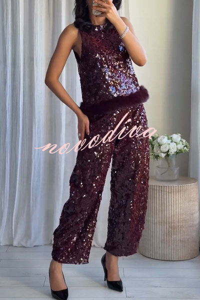 Gala Goddess Sequin High Rise Zipper Waist Wide Leg Pants