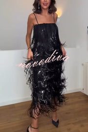 Chic Celebration Layered Sequined Tassels Slip Strapless H-line Midi Dress