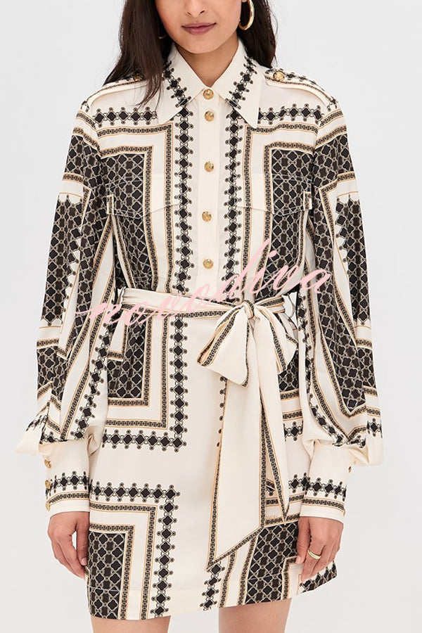 Hildie Unique Print Epaulettes Long Sleeve Flap Pockets Tie-up Waist Shirt Mini Dress