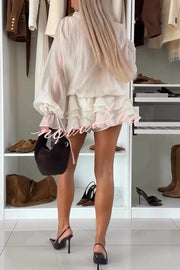 Fashionable Flower-decorated V-neck Loose Top and Elastic Waist Casual Shorts Set