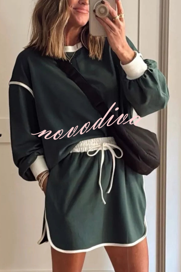 Fashion Round Neck Long Sleeve Spliced Casual Top and Elastic Waist Loose Shorts Set