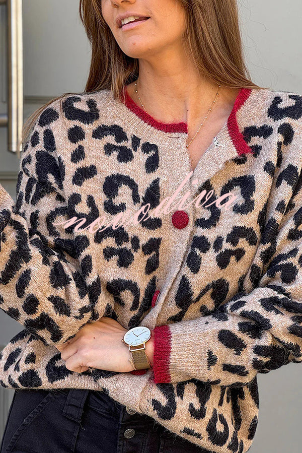Leopard Print Crew Neck Long-sleeved Loose Knit Cardigan