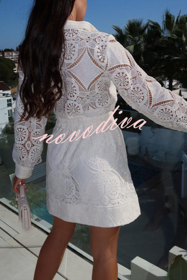 Unique Crochet Lace Long Sleeve Button Blouse and High Rise Skirt Set