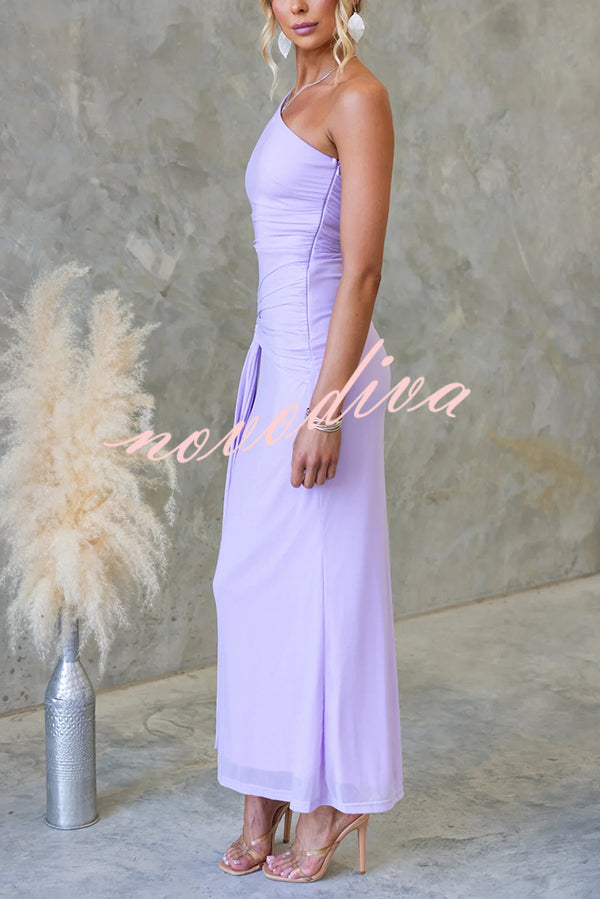 Solid Color Elegant Mesh One Shoulder Sexy Waist Hollow Out Maxi Dress