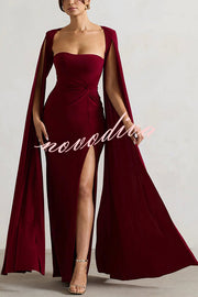 Elegant Goddess Square Neck Twisted Cape Sleeve Slit Maxi Dress