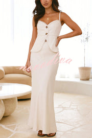 Solid Color Halter Button-Down Top and Elegant Fitted Maxi Skirt Set