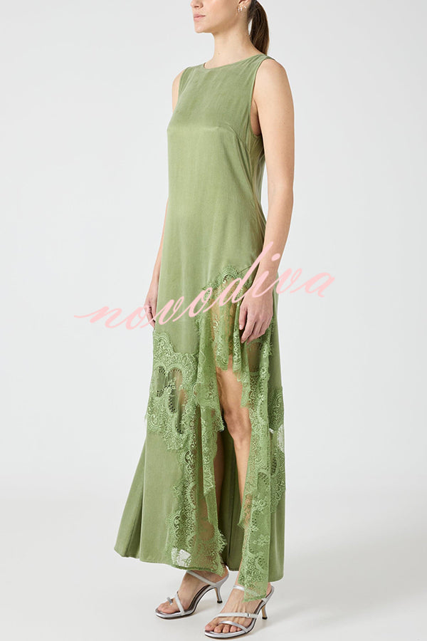 Pretty Soul Satin Lace Trim Wide Neck Irregular Hem Slit Maxi Dress