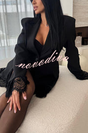 Amazing Items Lace Trim Button Up Long Sleeve Lapel Loose Blazer