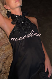 Floral Embellished Satin Halterneck Backless Resort Maxi Dress