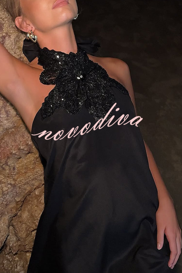 Floral Embellished Satin Halterneck Backless Resort Maxi Dress