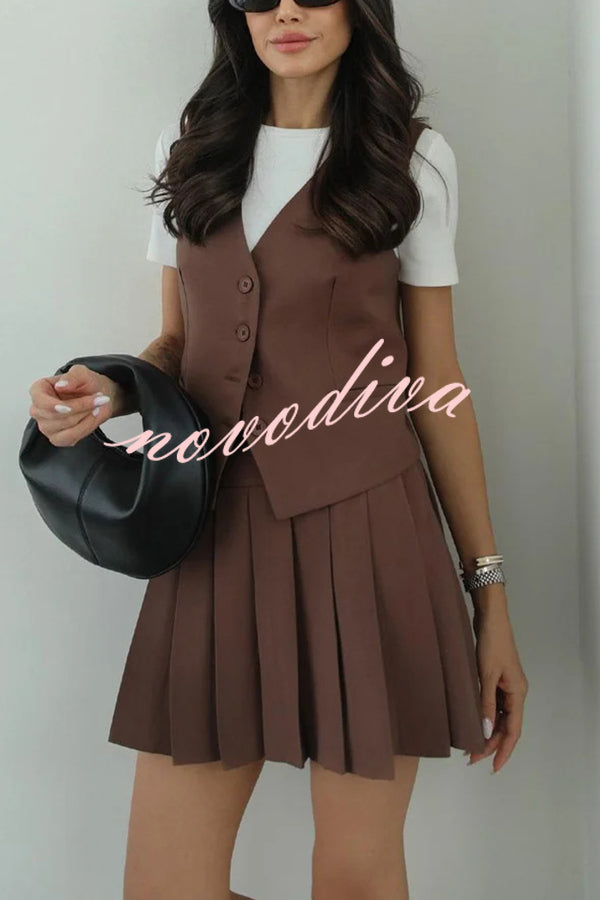 Solid Color Sleeveless Buttoned Vest and High-waisted Pleated Mini Skirt Set