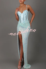 All about Glam Satin Corset Sequin Twist High Leg Split Maxi Dress