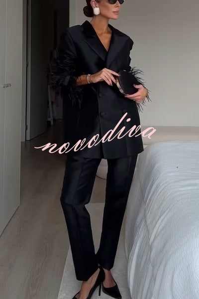 Chic Affair Satin Feather Trim Lapel Loose Blazer and High Rise Pocket Tapered Pants Set