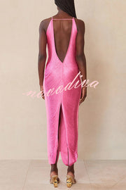 Sexy Allnight Metallic Halterneck Backless Fringed Slit Maxi Dress