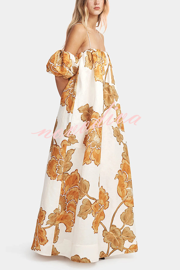 Floral Print Suspenders Puff Sleeves Loose Pocket Holiday Maxi Dress