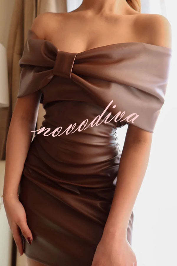 Fashion Zone Faux Leather Off Shoulder Bow Stretch Mini Dress