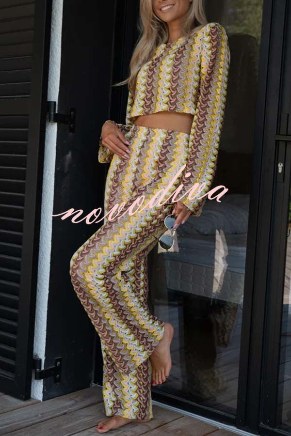 Tamia Knit Colorful Wave Unique Print Crop Top and Stretch Wide Leg Pants Set