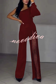 Fashionable Oblique Shoulder One-sleeve Sexy High Slit Slim Jumpsuit