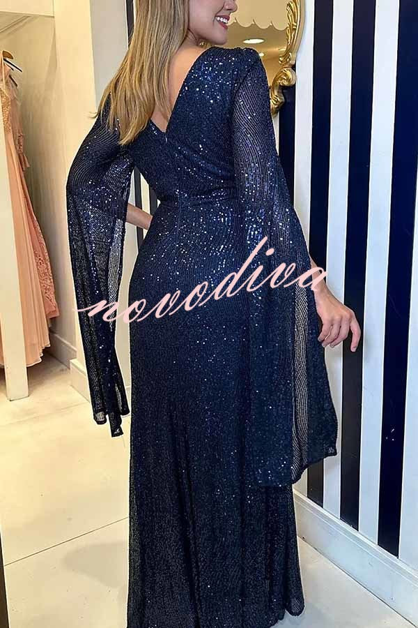 Shine Brighter Sequin Cape Sleeve Cross Waist Evening Maxi Dress