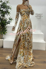 Reina Chiffon Floral Print Pleated Bodice Split Sleeve Strapless Slit Maxi Dress