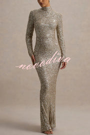 Galaxy Premium Sequin Turtle Neck Long Sleeve Maxi Dress