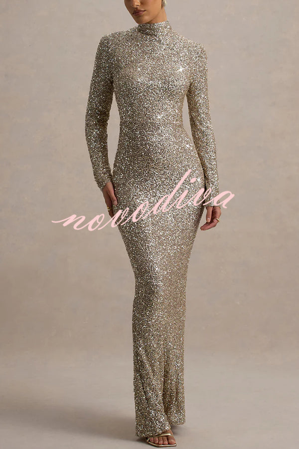 Galaxy Premium Sequin Turtle Neck Long Sleeve Maxi Dress