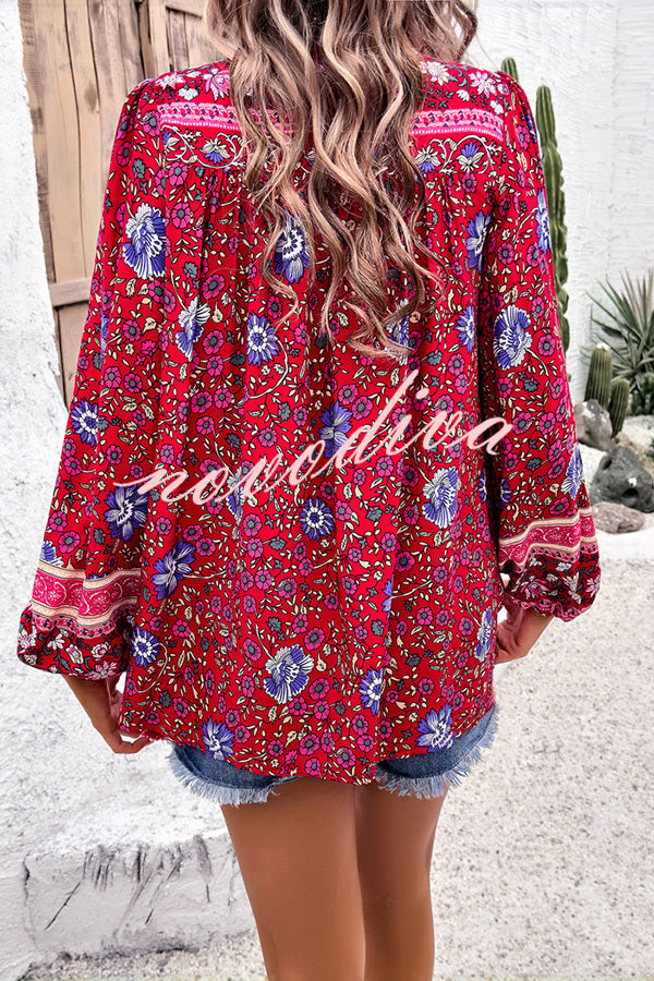 Intricate Floral Print V Neck Lace Up Paneled Long Sleeve Shirt