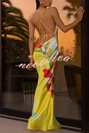 Luisa Satin Floral Print Cowl Neck Sexy Open Back Tie-up Maxi Dress