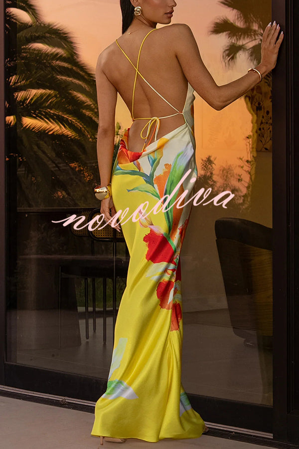 Luisa Satin Floral Print Cowl Neck Sexy Open Back Tie-up Maxi Dress