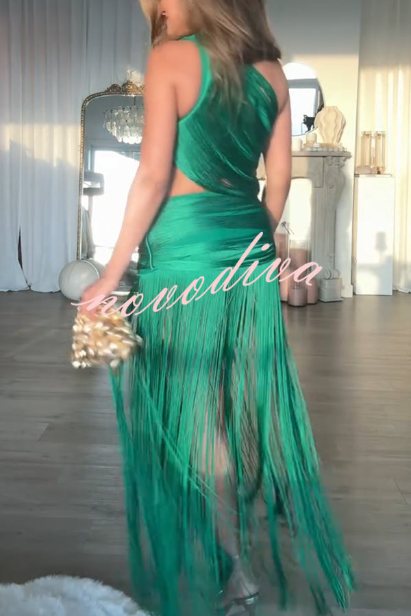 Dancing Miracle One Shoulder High Waist Hollow Design Tassel Hem Drape Mini Dress