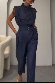 Statement Breast Pocket High Neck Top and Side Pocket Belt Long Pant Set