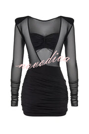 Sexy Mesh See-through Long-sleeved Backless Pleated Rompers