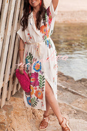 Plant Print Lapel Short Sleeve Waist Tie Loose Vacation Midi Dress