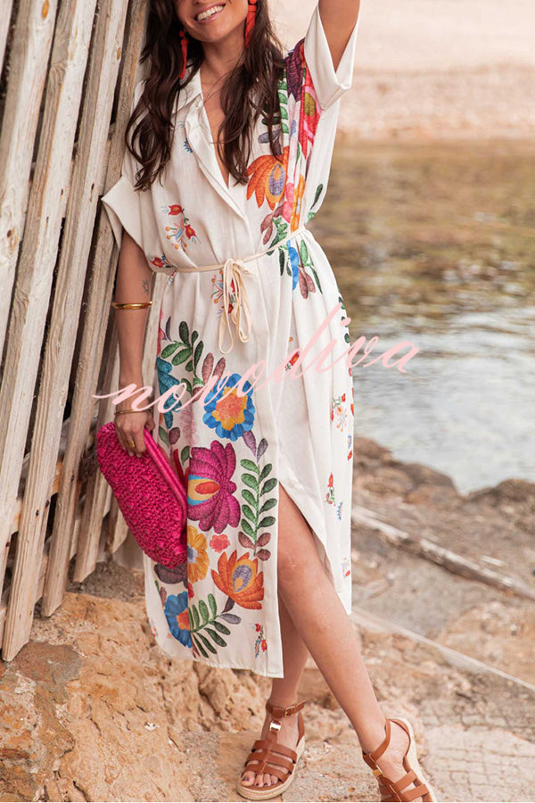 Plant Print Lapel Short Sleeve Waist Tie Loose Vacation Midi Dress