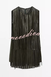 Modern Times Faux Leather Layered Tassel Design Sleeveless H-line Mini Dress