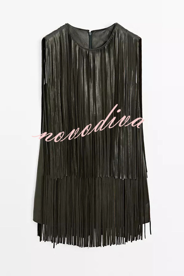 Modern Times Faux Leather Layered Tassel Design Sleeveless H-line Mini Dress