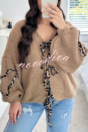 Fashionable Loose Long-sleeved Leopard Print Lace-up Knitted Sweater Cardigan