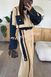 Chill Whispers Denim Patchwork Sweatshirt Fabric Striped Elastic Waist Pocket Loose Pants
