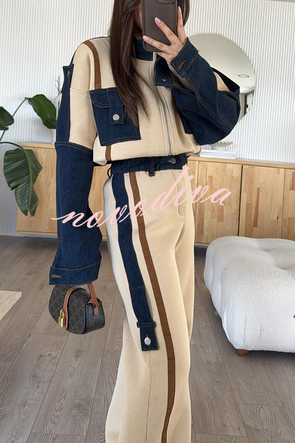 Chill Whispers Denim Patchwork Sweatshirt Fabric Striped Elastic Waist Pocket Loose Pants
