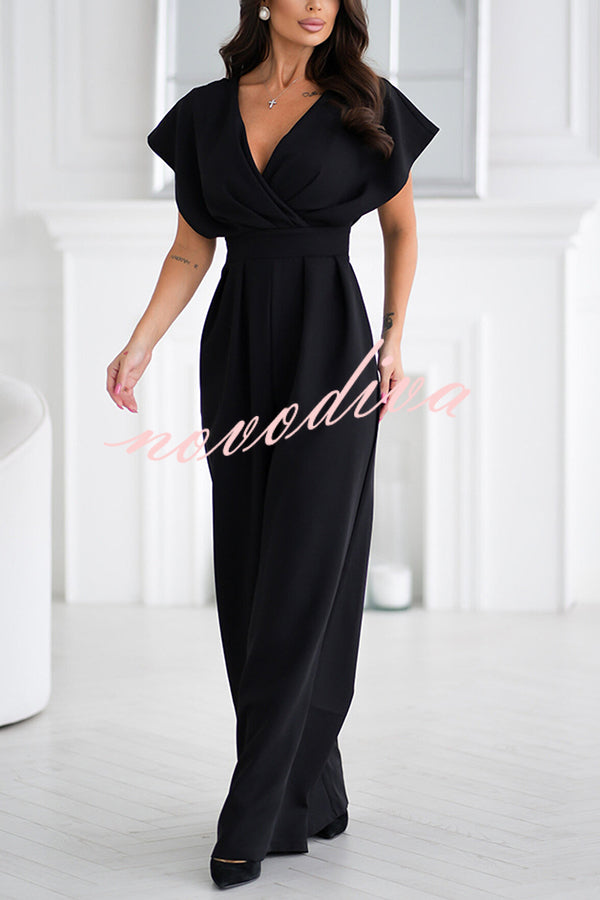 Solid Color V-neck Waist Casual Wide-leg Jumpsuit