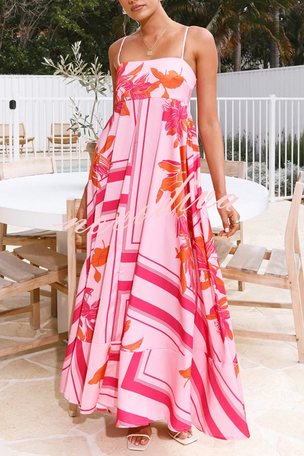 Botanical Print Square Neck Suspender Casual Full Hem Maxi Dress