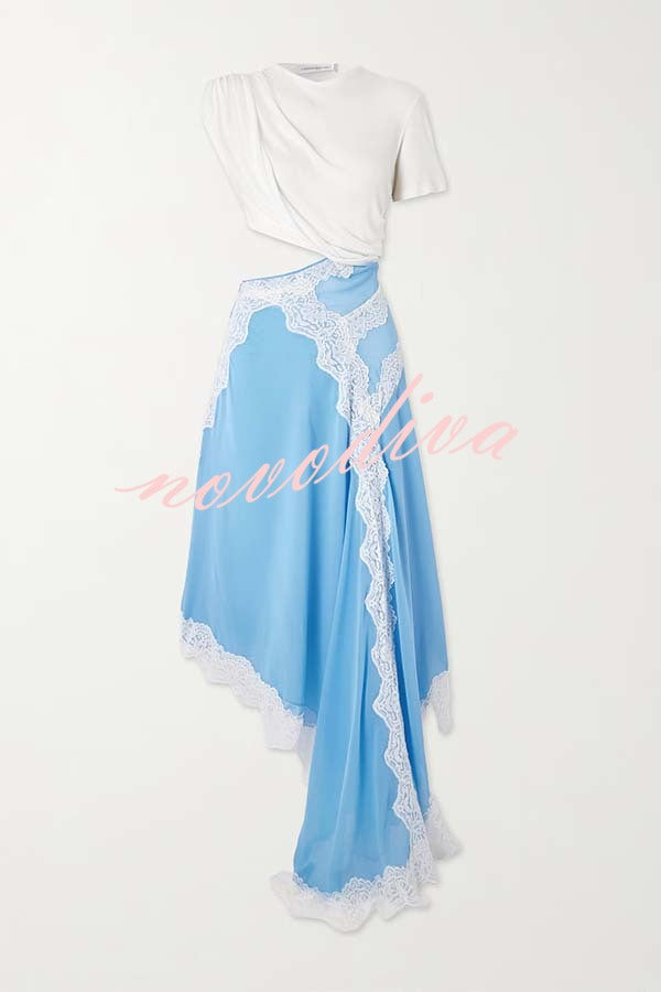 Verve Ribbed Jersey Cutout Waist Asymmetric Satin Lace Hem Maxi Dress