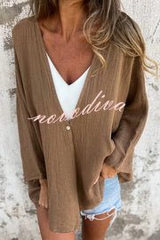 Solid Color V-neck Loose Long-sleeved Button Top