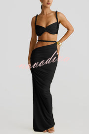 Sexy Halter Back Braided Suspender Top and Beach Holiday Style Hip-wrapped Maxi Skirt Set