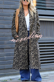 Leopard Affair Animal Print Epaulettes Long Sleeve Pocketed Lapel Midi Trench Coat