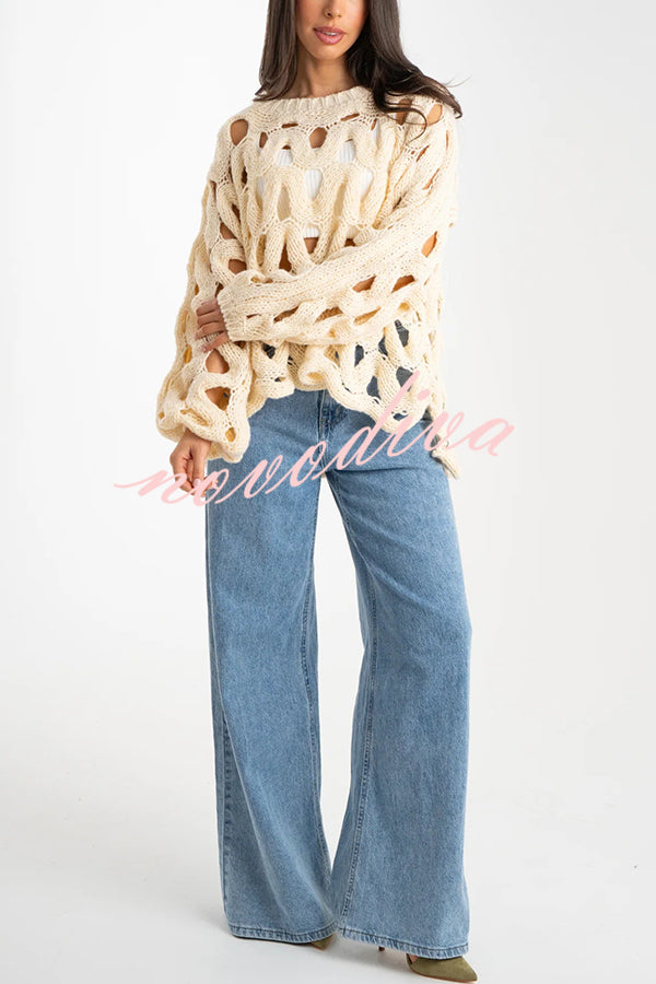 Solid Color Casual Hollow Long-sleeved Holiday Knitted Sweater