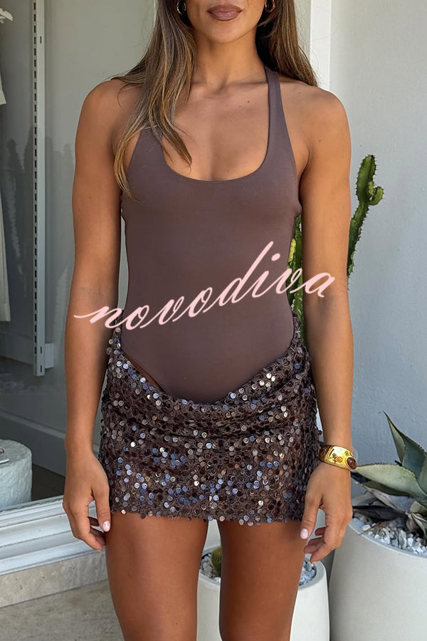 Shine Your Event Ruched Sequin Draped Hem Tank Stretch Mini Dress