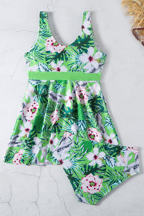 Cheerful Floral Print Bow Detail Tankini Swimsuit Set